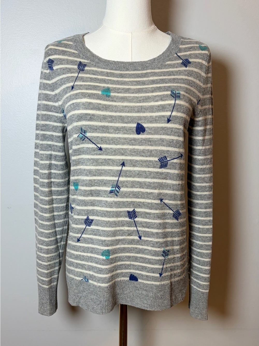 Halogen wool cashmere striped heart arrow sweater gray ivory size small